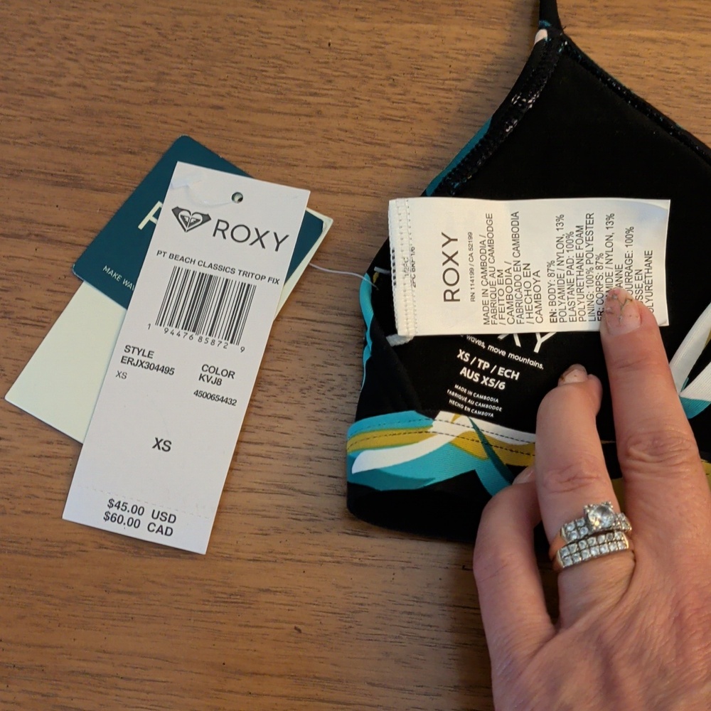 Roxy Bikini Top XS Black Multicolor Print NWT - Picture 4 of 6